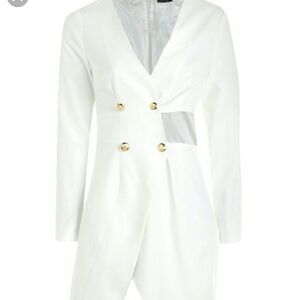 Mini white blazer dress with gold button details and waist cutout